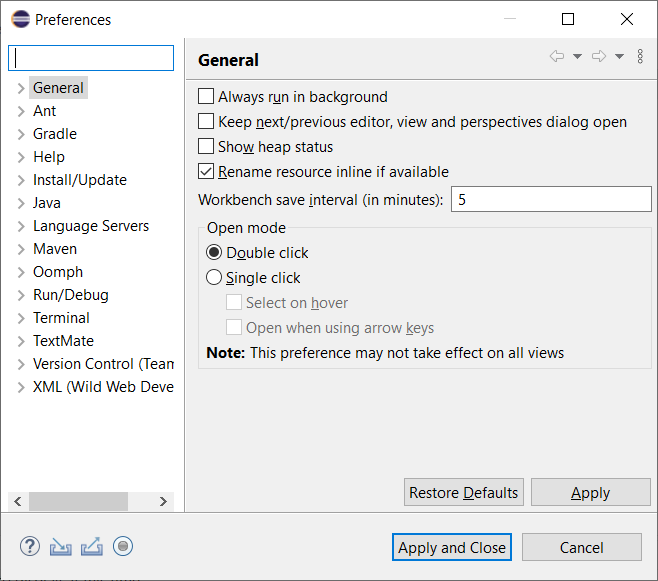 Preferences dialog