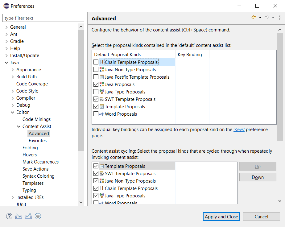 Preferences Content Assist dialog