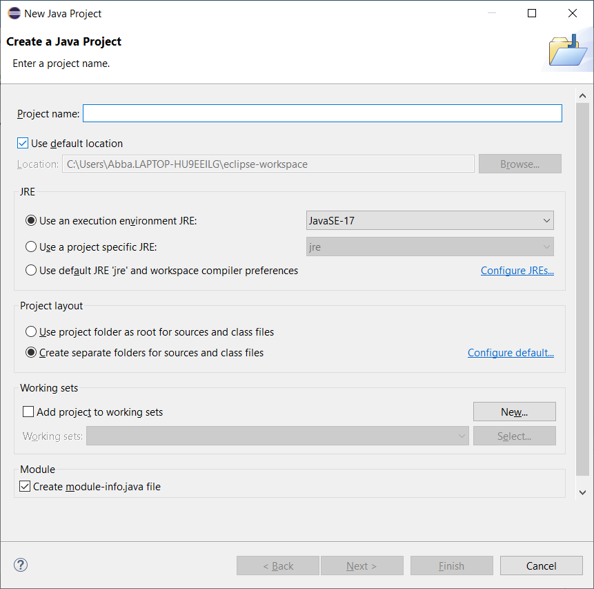 New java Project dialog