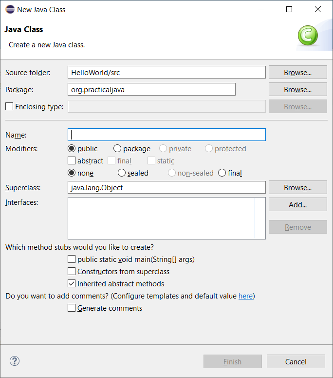 New Java Class dialog