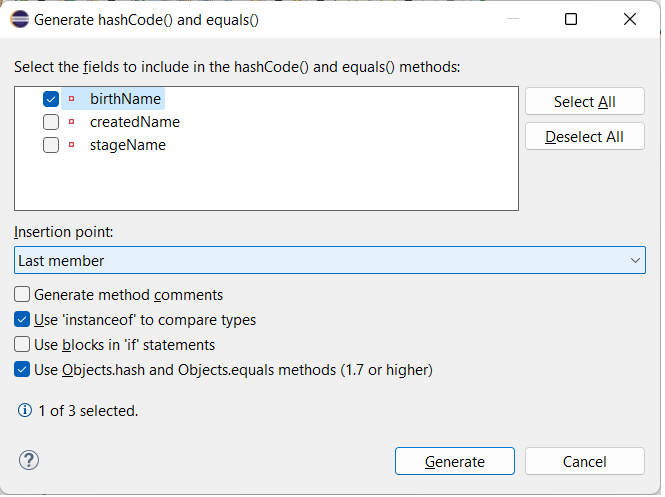 Generate hashCode() and equals() dialog