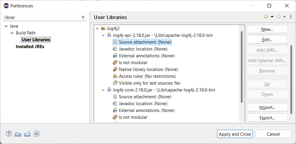 User Libraries dialog