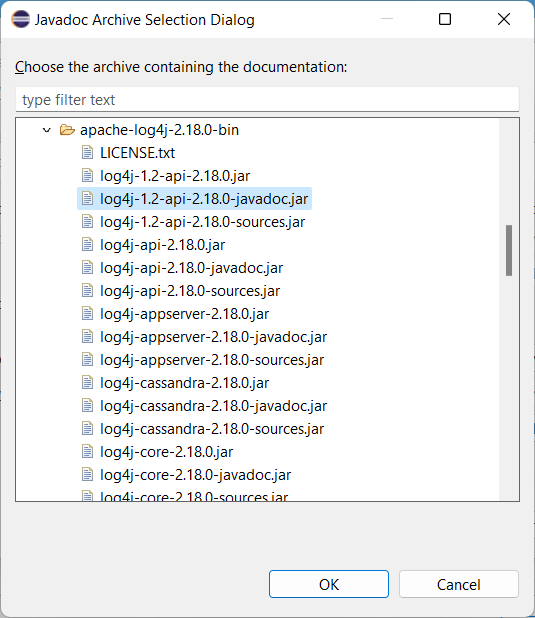 Javadoc Archive Selection dialog