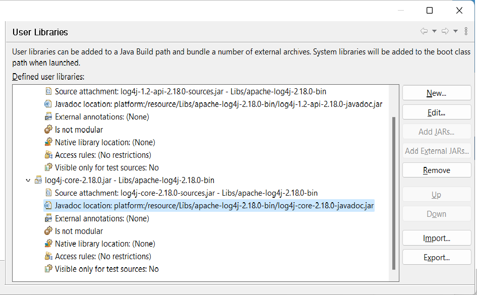 User Libraries dialog