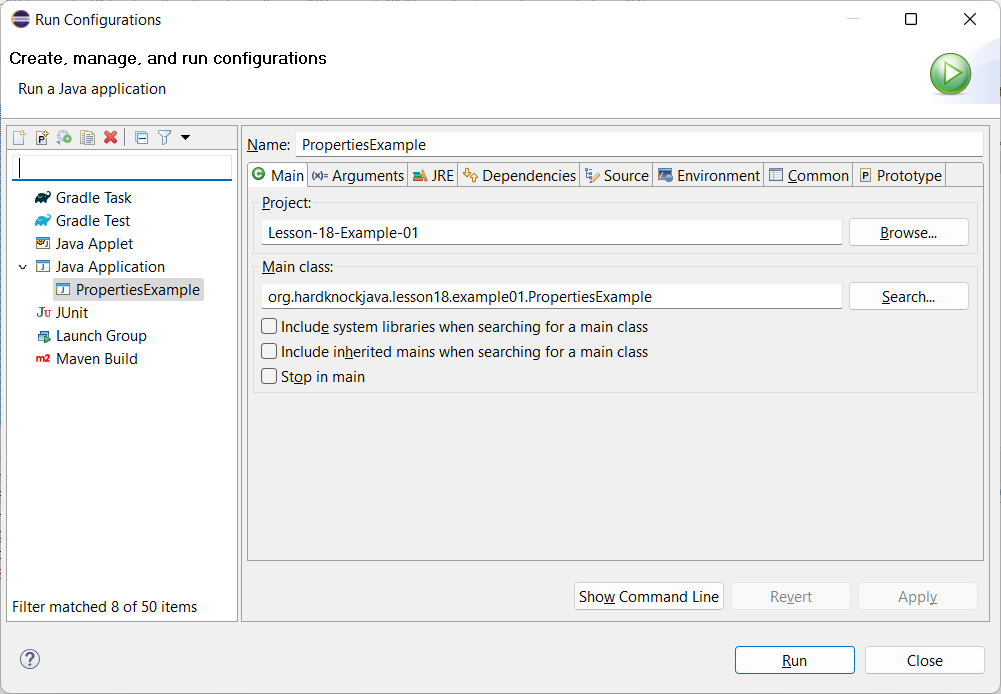 Run Configurations dialog Main tab