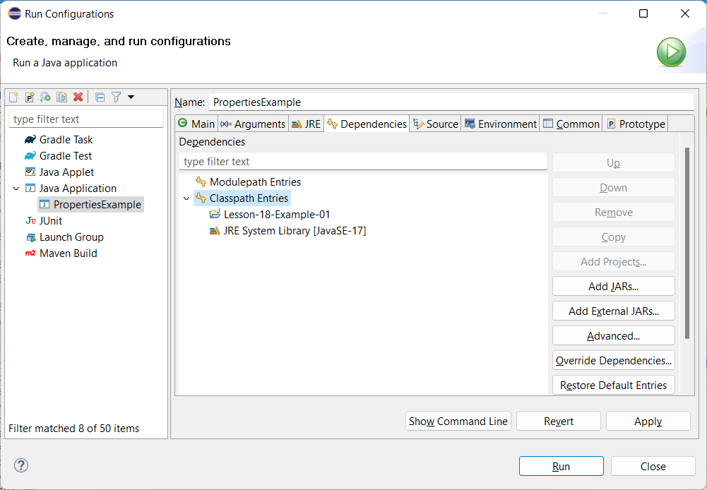 Run Configurations dialog Dependencies tab