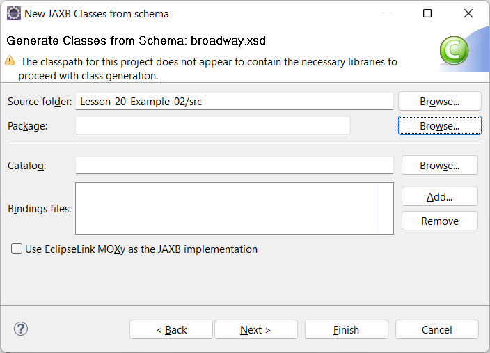 New JAXB Classes from schema dialog