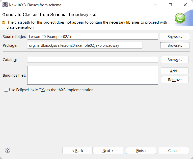 New JAXB Classes from schema dialog