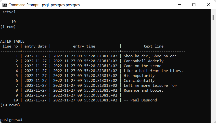 Result of loading a PostgreSql table