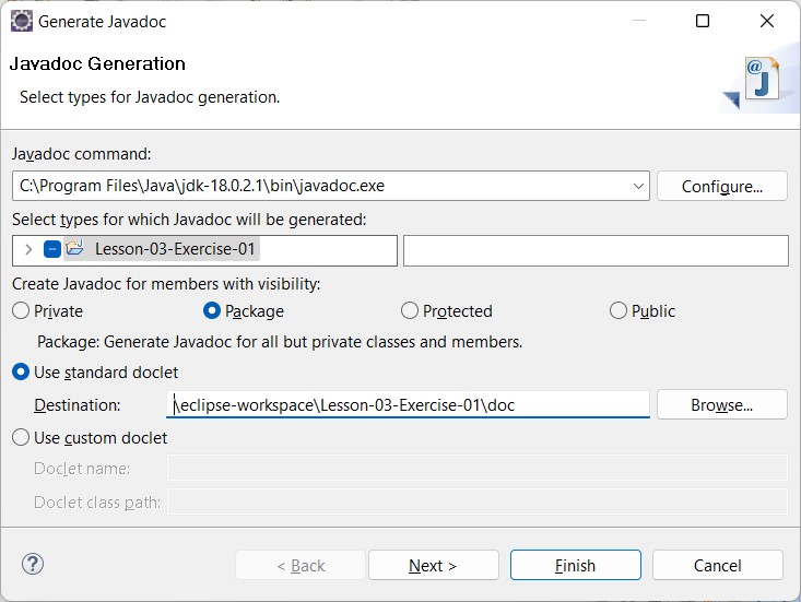 Generate Javadoc dialog