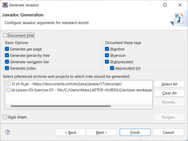 Generate Javadoc dialog