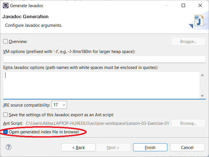 Generate Javadoc dialog