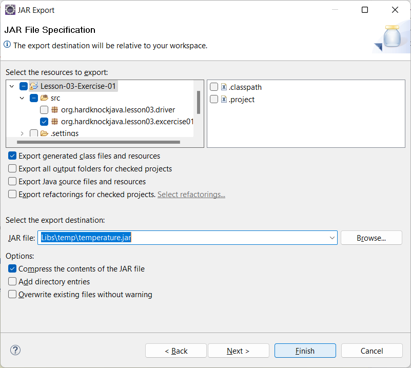 JAR Export dialog