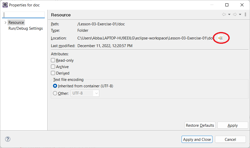 Using the Properties dialog to locate a file in its folder